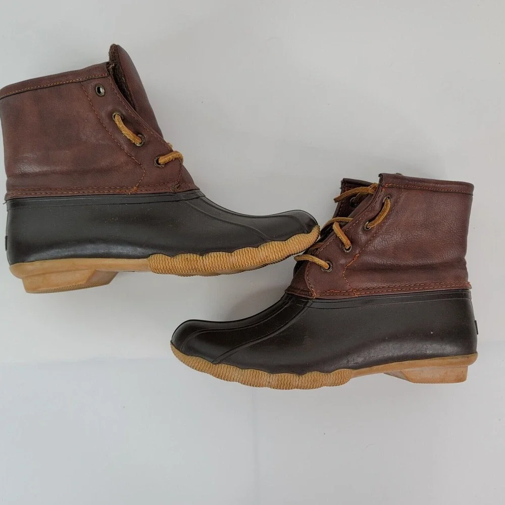 Sperry Duck Boots Girls 4 Topsides Saltwater Brown Leather‎ Side Zip YG55362